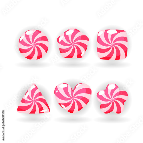 Candy set of different shapes, cartoon glossy buttons illustration. Vector elements template for game user interface design, graphic kit for mobile app, web development.