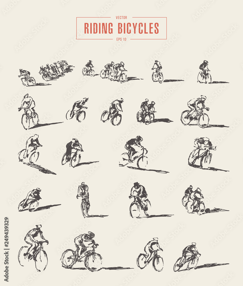 Set hand drawn bicyclist rider men vector sketch Set hand drawn bicyclist rider men vector sketch