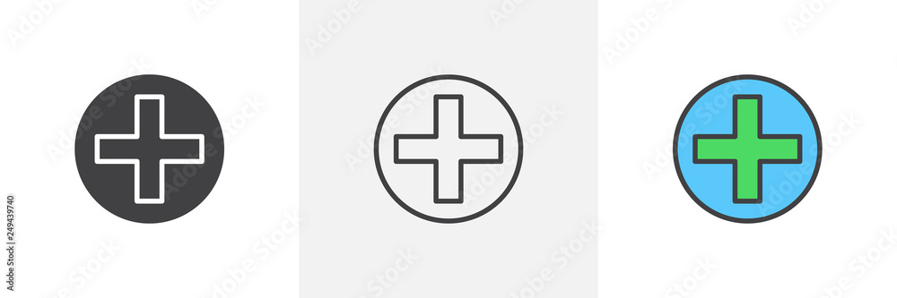 Medical cross icon. Line, glyph and filled outline colorful version, add plus outline and filled vector sign. Hospital symbol, logo illustration. Different style icons set. Pixel perfect vector Medical cross icon. Line, glyph and filled outline colorful version, add plus outline and filled vector sign. Hospital symbol, logo illustration. Different style icons set. Pixel perfect vector