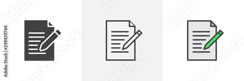 Writing pad icon. Line, glyph and filled outline colorful version, Paper clipboard and pencil outline and filled vector sign. Edit document symbol, logo illustration. Different style icons set
