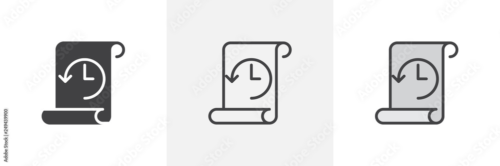 Paper scroll with clock and arrow icon. Line, glyph and filled outline colorful version, History time backup outline and filled vector sign. Symbol, logo illustration. Different style icons set. Paper scroll with clock and arrow icon. Line, glyph and filled outline colorful version, History time backup outline and filled vector sign. Symbol, logo illustration. Different style icons set.