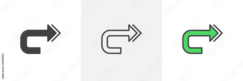 Forward arrow icon. Line, glyph and filled outline colorful version, repeat arrow outline and filled vector sign. Symbol, logo illustration. Different style icons set. Pixel perfect vector graphics Forward arrow icon. Line, glyph and filled outline colorful version, repeat arrow outline and filled vector sign. Symbol, logo illustration. Different style icons set. Pixel perfect vector graphics