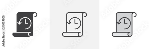 Paper scroll with clock and arrow icon. Line, glyph and filled outline colorful version, History time backup outline and filled vector sign. Symbol, logo illustration. Different style icons set. 