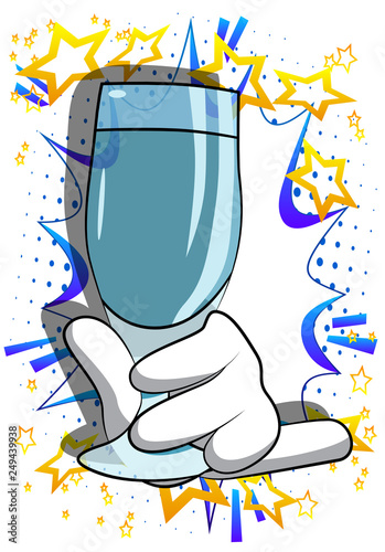 Vector cartoon hand holding full glass. Illustrated hand on comic book background.