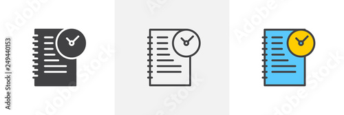 Agenda with clock icon. Line, glyph and filled outline colorful version, Time management outline and filled vector sign. Symbol, logo illustration. Different style icons set. Vector graphics