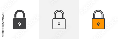 Locked padlock icon. Line, glyph and filled outline colorful version, secure lock outline and filled vector sign. Security symbol, logo illustration. Different style icons set. Pixel perfect vector 
