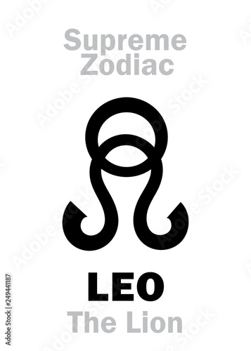 Astrology Alphabet: LEO (The Lion), constellation Leo. Sign of Supreme Zodiac (Internal circle). Hieroglyphic character (persian symbol).