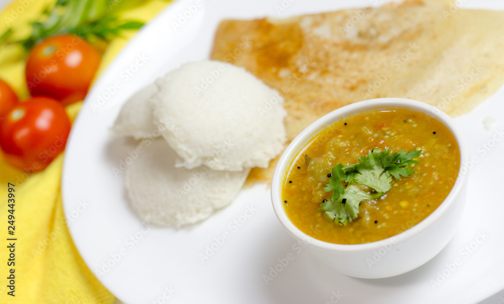 Dosa idli with sambar and dall for breakfast or dinner in south india Dosa idli with sambar and dall for breakfast or dinner in south india