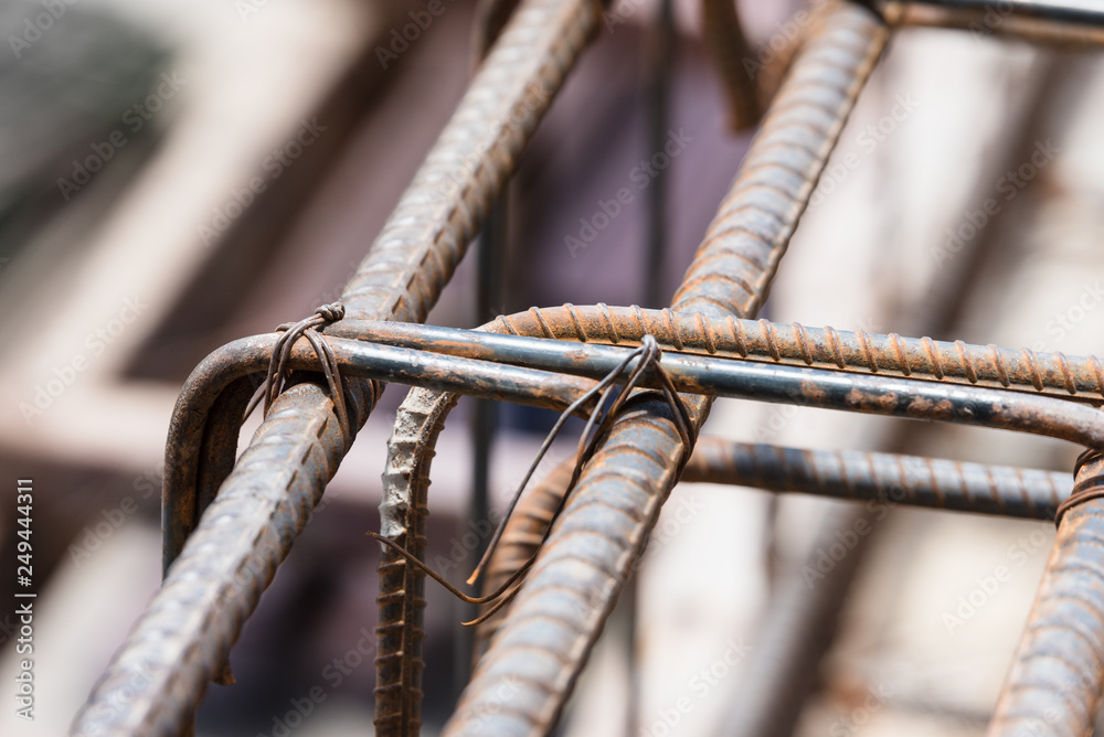 Reinforcement of concrete work. Using steel wire for securing steel bars with wire rod for reinforcement of concrete or cement. focus to steel wire Reinforcement of concrete work. Using steel wire for securing steel bars with wire rod for reinforcement of concrete or cement. focus to steel wire