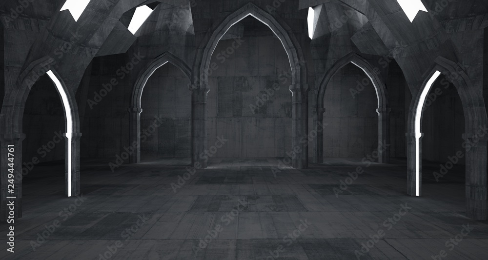 Abstract concrete gothic interior with neon lighting. 3D illustration and rendering.