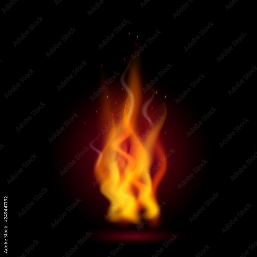 Realistic fire flames on black background