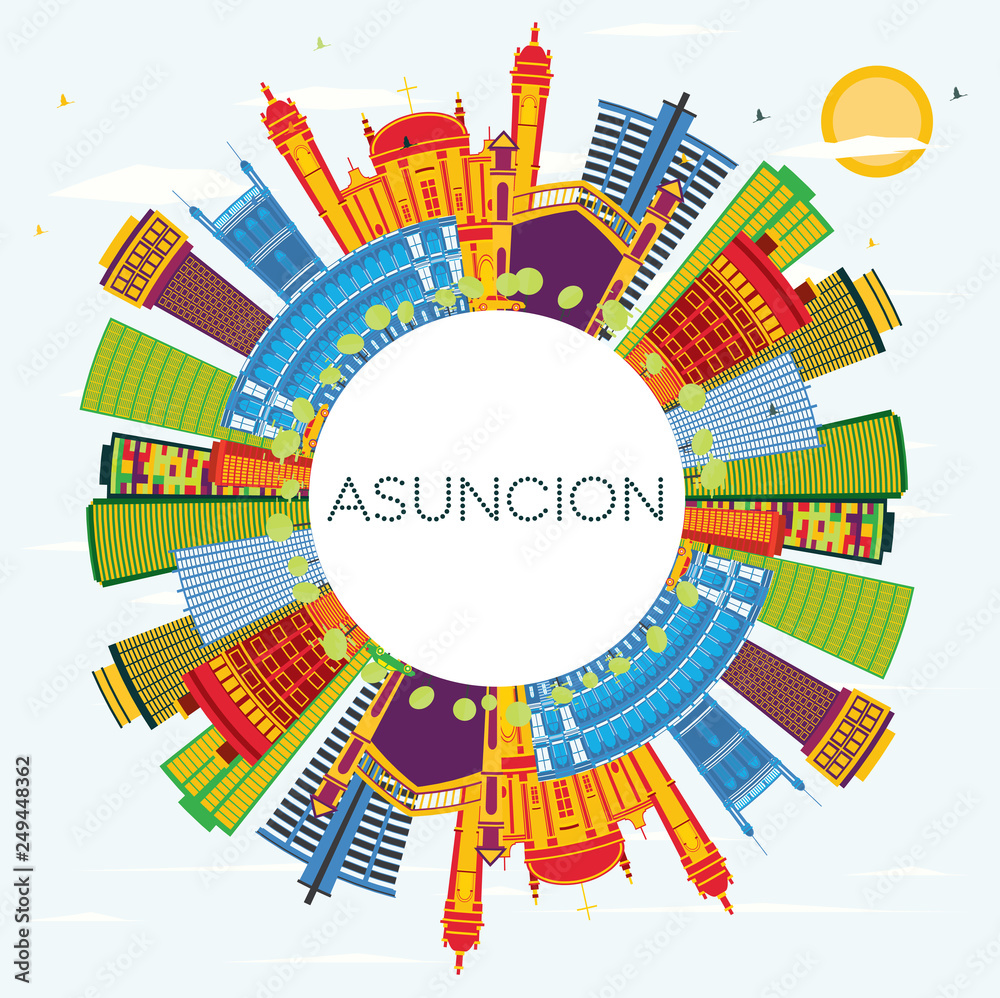 Asuncion Paraguay City Skyline with Color Buildings, Blue Sky and Copy Space.