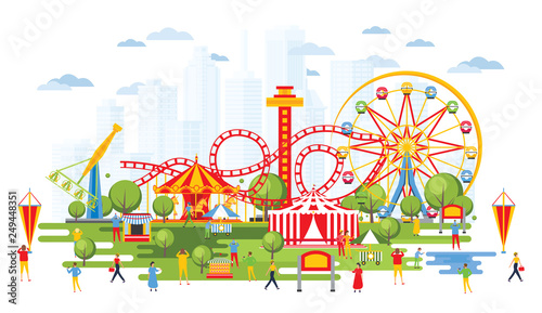 Amusement Park with Carousels in Cartoon Style. Urban Cityscape.