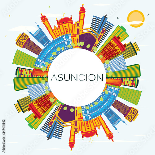 Asuncion Paraguay City Skyline with Color Buildings, Blue Sky and Copy Space.