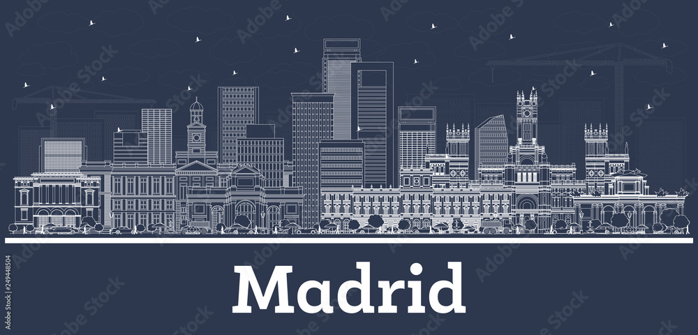 Outline Madrid Spain City Skyline with White Buildings.