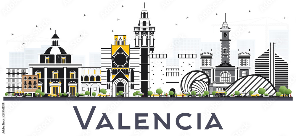 Valencia Spain City Skyline with Color Buildings Isolated on White.