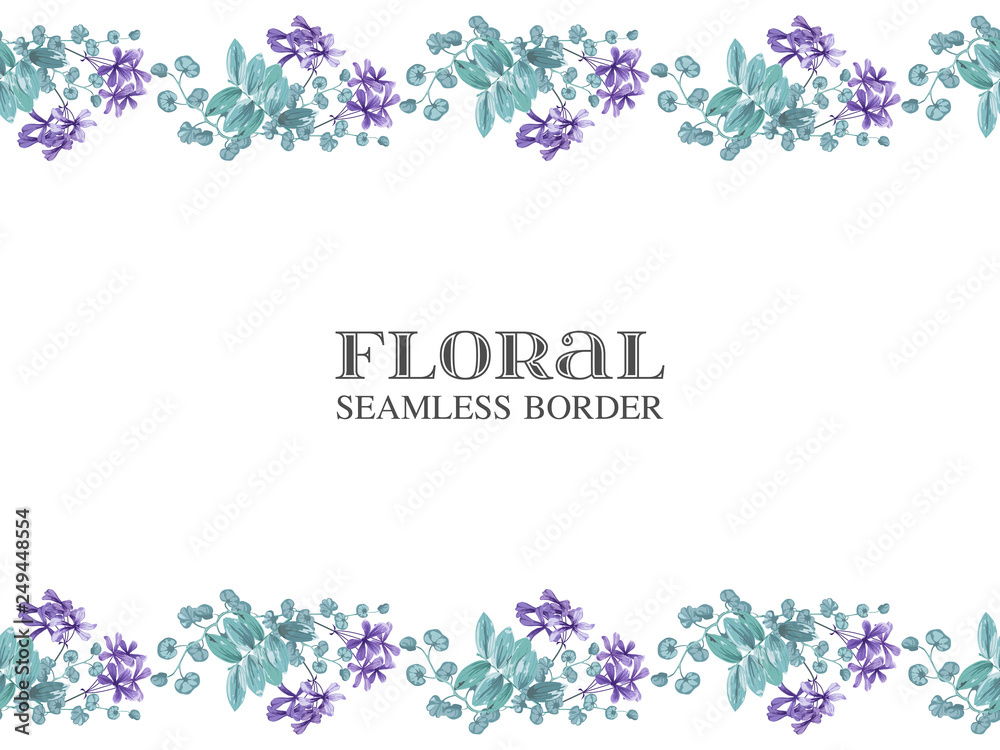 Border of wild tropical flowers and leaves. Linear horizontal seamless pattern