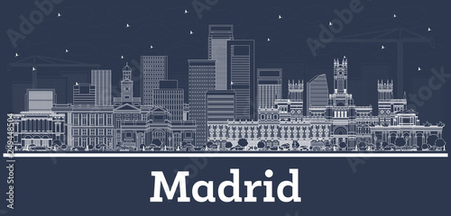 Outline Madrid Spain City Skyline with White Buildings.