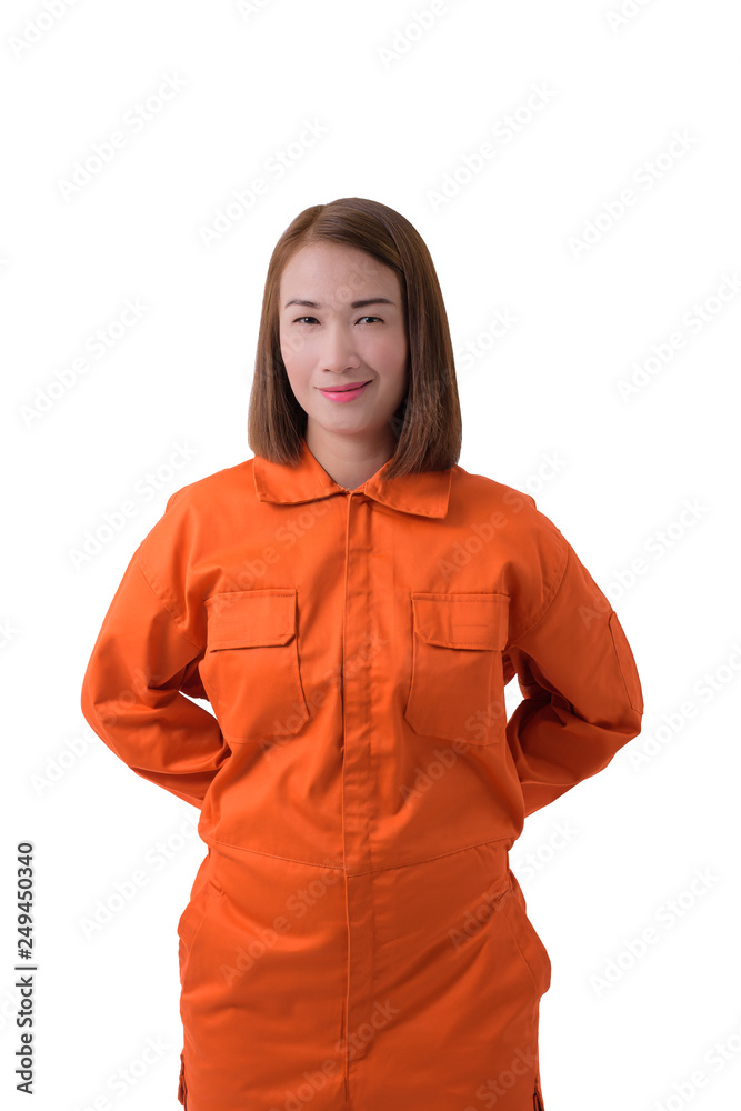 portrait of a woman worker in Mechanic Jumpsuit isolated on white background portrait of a woman worker in Mechanic Jumpsuit isolated on white background
