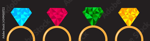 Wedding gold diamond ring set line. Blue, pink, green, yellow color. Polygonal effect. Flat design. Love wedding atribute. Black background. Isolated.