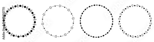 Round circle frame wreath icon set line. Daisy flower, star sparkle, leaf, dot decoration element. Flat design. Black and white background. Isolated.