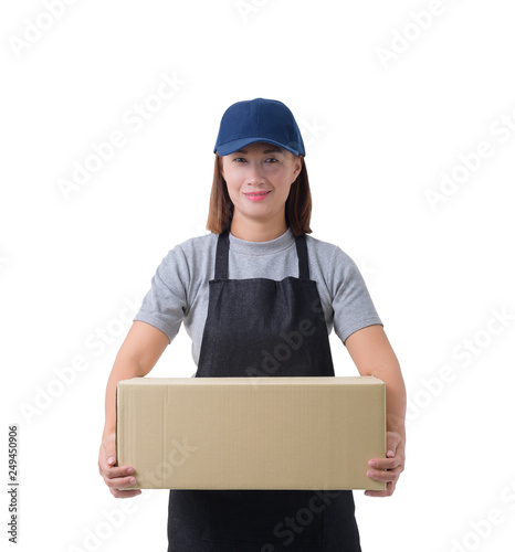 delivery woman in Gray shirt and apron is holding boxes isolated