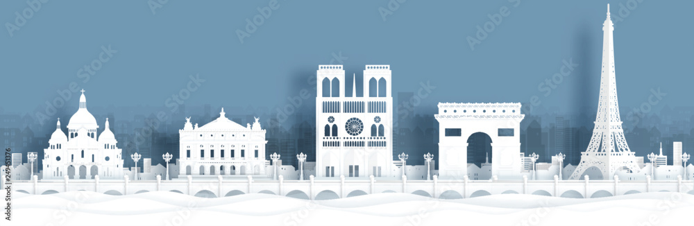 Panorama view of Paris, France skyline with world famous landmarks in paper cut style vector illustration - obrazy, fototapety, plakaty 