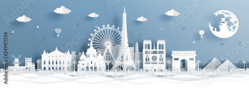 Panorama postcard and travel poster of world famous landmarks of Paris, France in paper cut style vector illustration