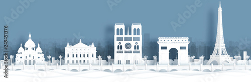 Panorama view of Paris, France skyline with world famous landmarks in paper cut style vector illustration