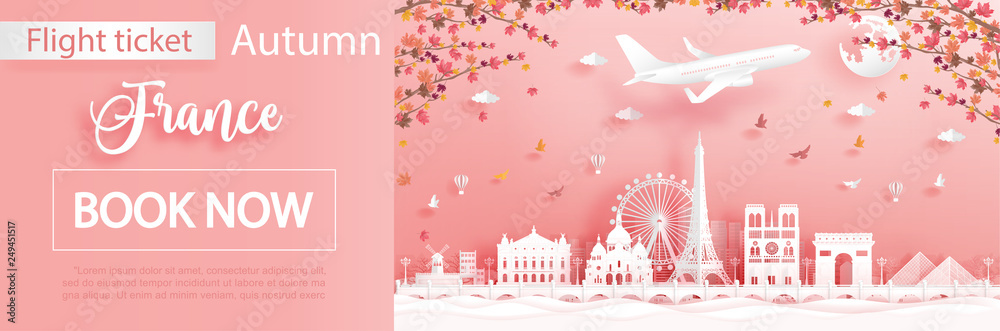 Fototapeta premium Flight and ticket advertising template with travel to Paris, France in autumn season with falling maple leaves and famous landmarks in paper cut style vector illustration