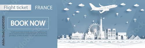 Flight and ticket advertising template with travel to Paris, France concept, Taipei famous landmarks in paper cut style vector illustration