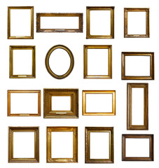 Set of three vintage golden baroque wooden frames on isolated background