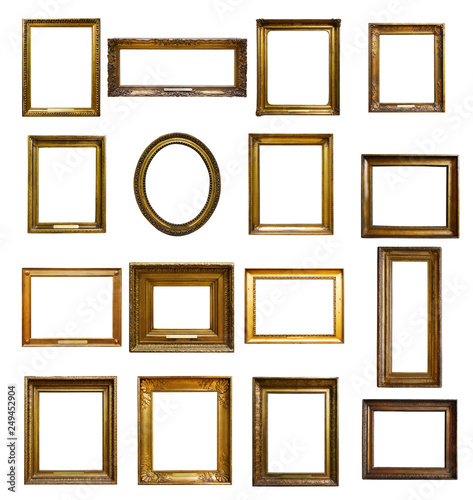 Set of three vintage golden baroque wooden frames on isolated background photo