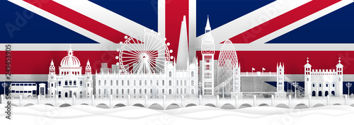 England flag and famous landmarks in paper cut style vector illustration. 