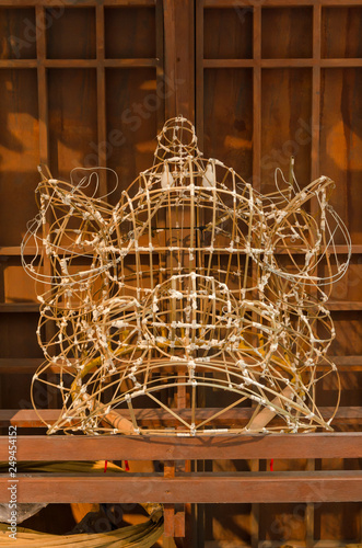 Traditional chinese lion dance head mold display on the shelves. 