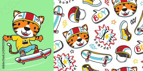 tiger the skateboarder with skateboard element seamless pattern vector