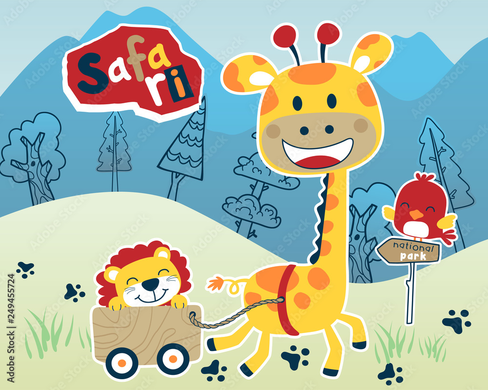 Obraz premium safari animals cartoon on mountain background