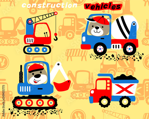 construction vehicles cartoon on seamless pattern of construction vehicles background