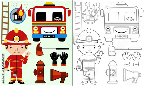 Vector cartoon of set fire equipment, fire man with axe, coloring book or page