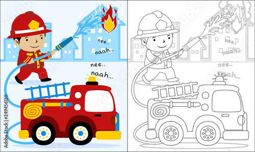 Vector cartoon of fire rescue, coloring book or page