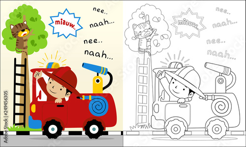 Vector of fire man cartoon help a cat, coloring book or page