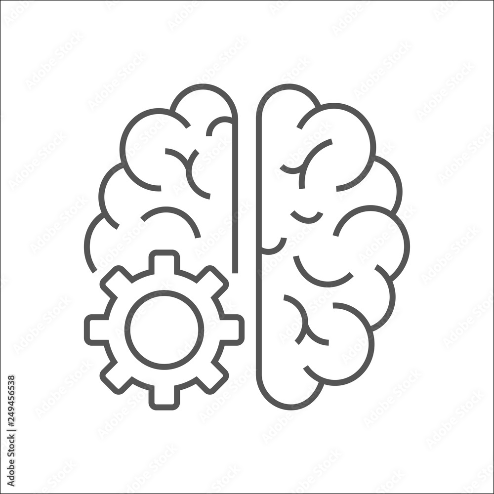Vector logo icon with brain and gear cog. Abstract outline illustration ...