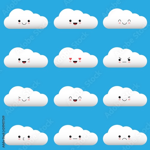 Flat design cartoon cute cloud character with different facial expressions, emotions. Set, collection of emoji on blue background.