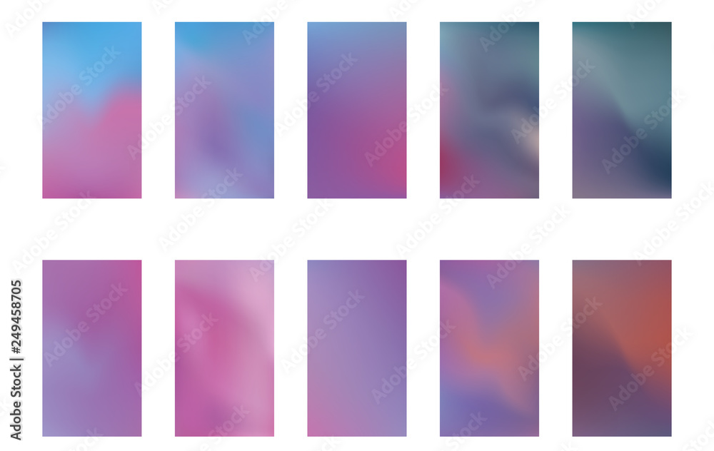 Set of blurred nature dark purple violet pink and blue backgrounds. Smooth banner template. Easy editable soft colored vector illustration. Ecology concept for your graphic design.