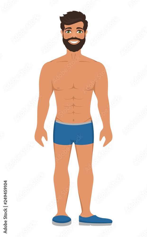 Handsome smiling man in underwear or blue swimming trunks. Dark brown hair  and green eyes. Isolated vector illustration. Cartoon character on a white  background. Flat style. Stock Vector | Adobe Stock