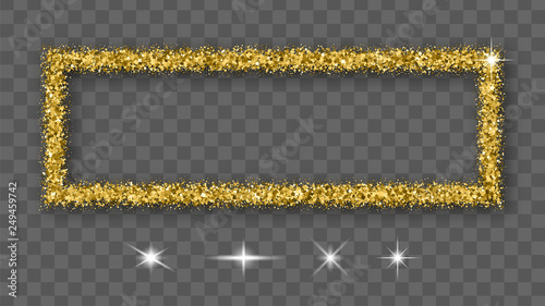 Gold Glitter Frame With Bland Shadows Isolated On Transparent  Background. Abstract Shiny Texture Rectangle Border. Golden Explosion Of Confetti. Vector Illustration, Eps 10.