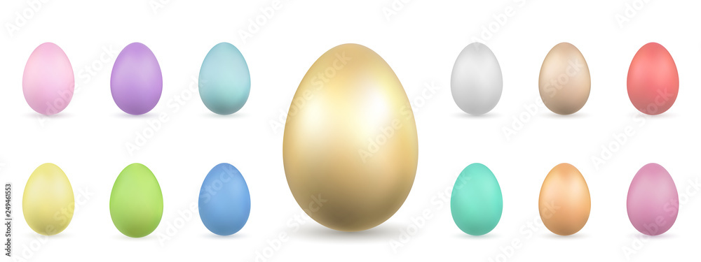 Easter egg 3D icons. Gold, color pastel eggs set isolated white background. Golden design, decoration Happy Easter celebration. Holiday elements pattern collection. Spring symbol. Vector illustration Easter egg 3D icons. Gold, color pastel eggs set isolated white background. Golden design, decoration Happy Easter celebration. Holiday elements pattern collection. Spring symbol. Vector illustration