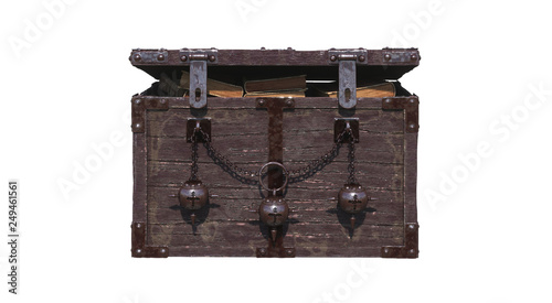 Ancient decorative chest with ancient books. Front view.