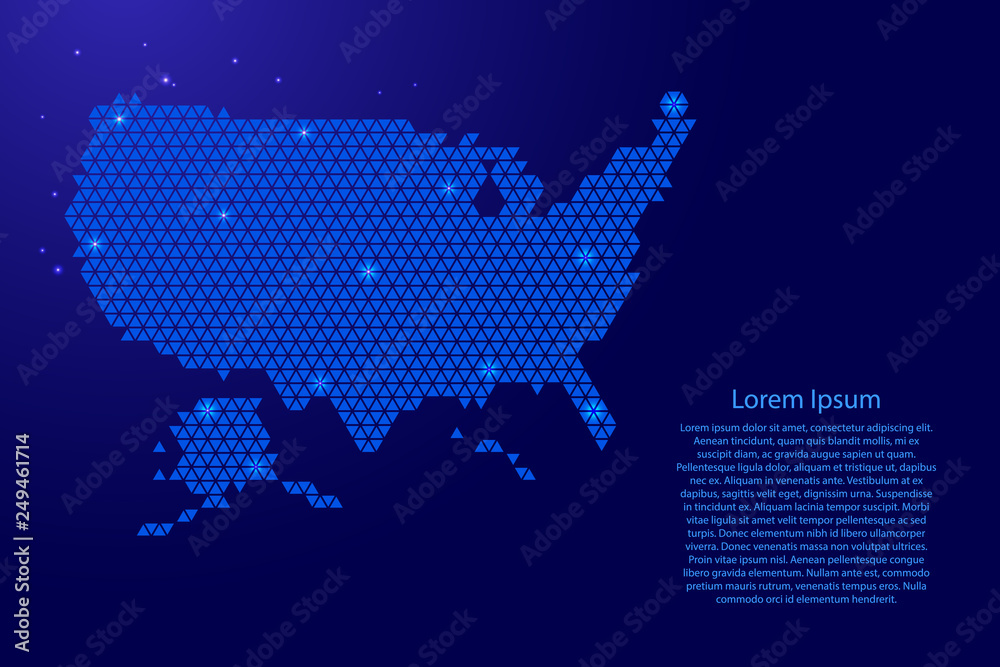 United States of America USA map abstract schematic from blue triangles repeating pattern geometric background with nodes and space stars for banner, poster, greeting card. Vector illustration.