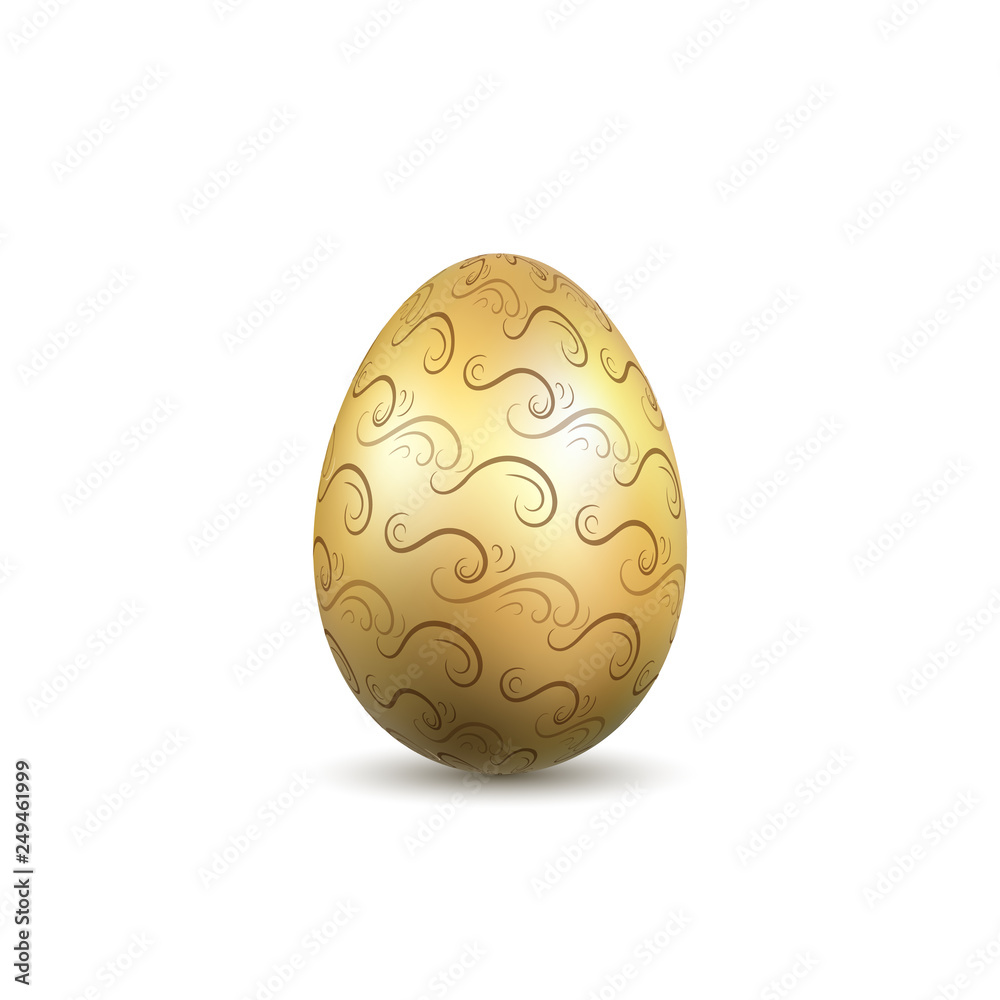 Easter egg 3D icon. Ornate gold egg, isolated white background. Swirl wave realistic design, decoration Happy Easter celebration. Holiday ornamental element. Spring pattern Vector illustration Easter egg 3D icon. Ornate gold egg, isolated white background. Swirl wave realistic design, decoration Happy Easter celebration. Holiday ornamental element. Spring pattern Vector illustration